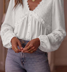 Solid Floral Guipure Lace   Long Sleeve Blouse