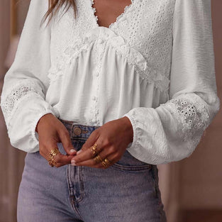 Solid Floral Guipure Lace   Long Sleeve Blouse