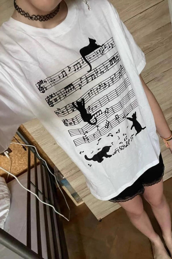 Musical Cat Pattern Short Sleeve T-Shirt