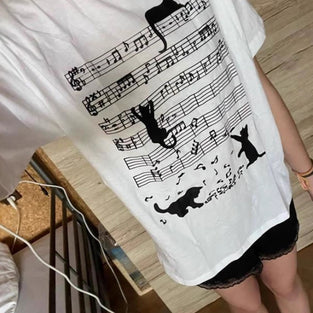 Musical Cat Pattern Short Sleeve T-Shirt