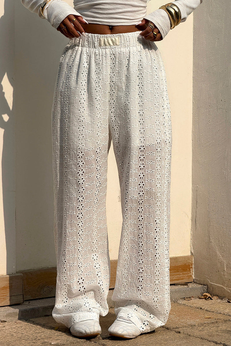 Eyelet Design Casual Wide-Leg Pants