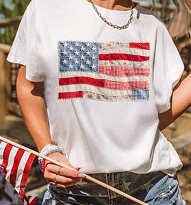 Faux Patchwork Printed US Flag Casual Tee