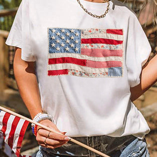 Faux Patchwork Printed US Flag Casual Tee