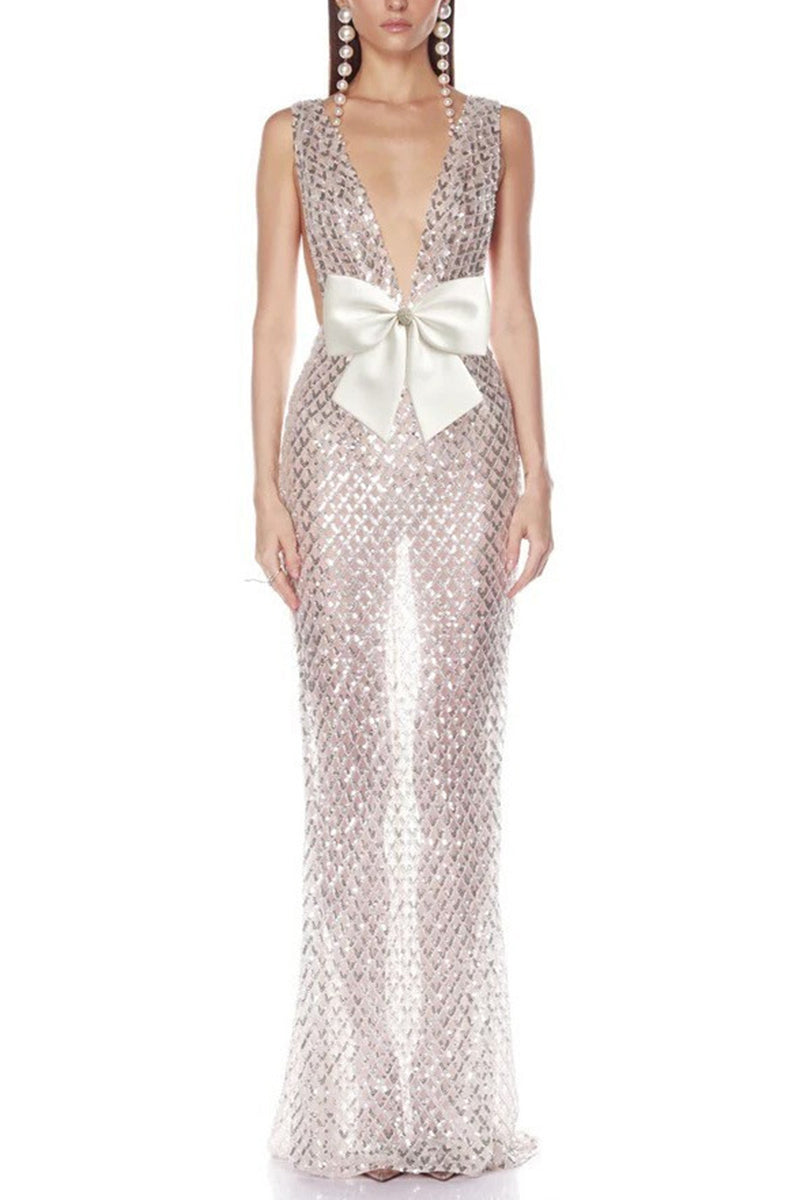 Elegant Bow-Accent Sleeveless Evening Gown