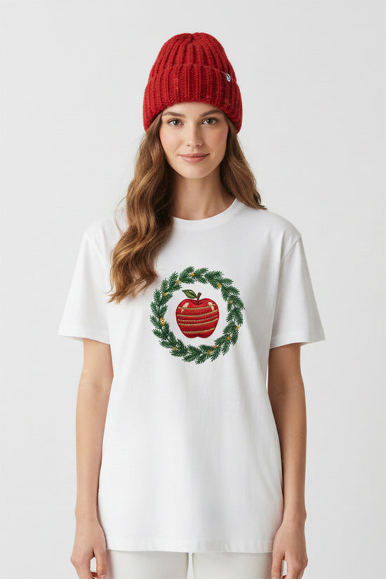 Christmas Wreath Apple Embroidered T-Shirt