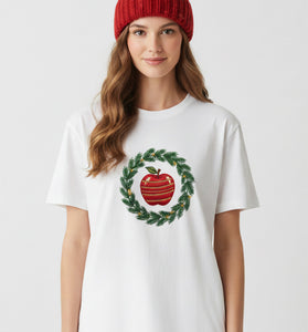Christmas Wreath Apple Embroidered T-Shirt