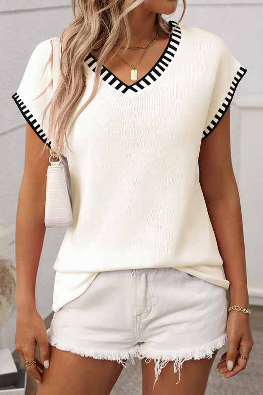 Striped Trim V-Neck Sweater Vest