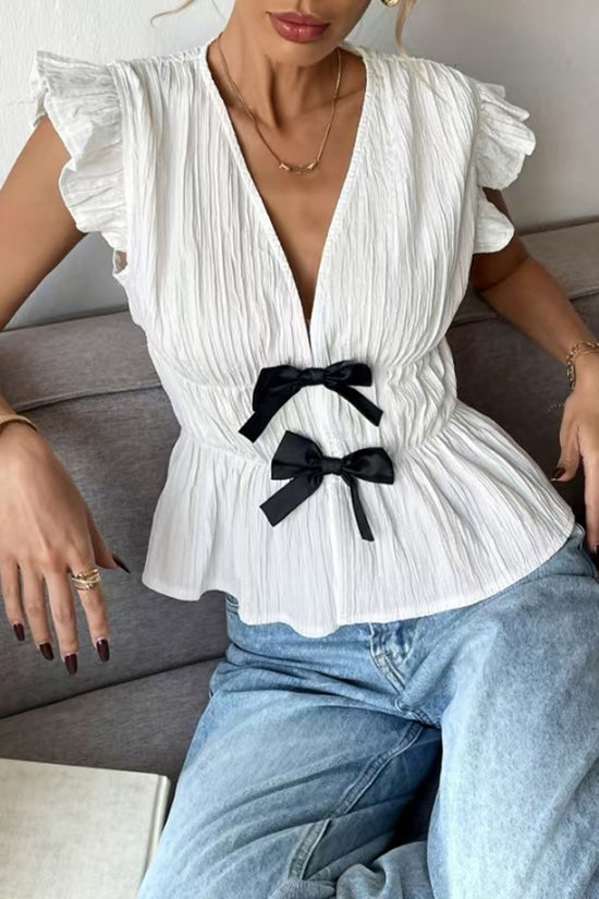 Peplum Bow Accent V-Neck Short Sleeve Top