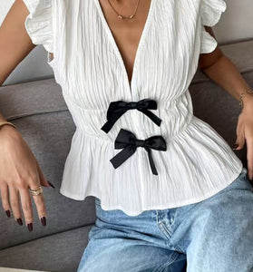 Peplum Bow Accent V-Neck Short Sleeve Top