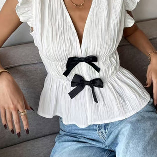Peplum Bow Accent V-Neck Short Sleeve Top