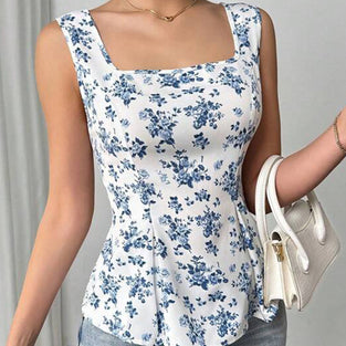 Floral Square Neck Sleeveless Top