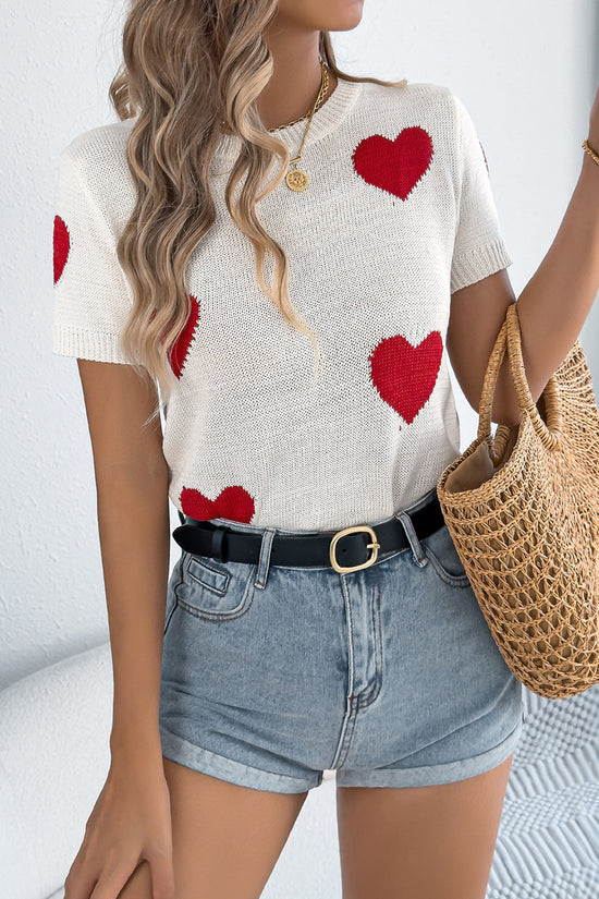 Heart Pattern Short Sleeve Sweater