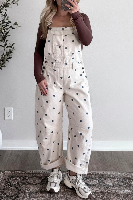 Polka Dot Denim Barrel Overalls Jumpsuit