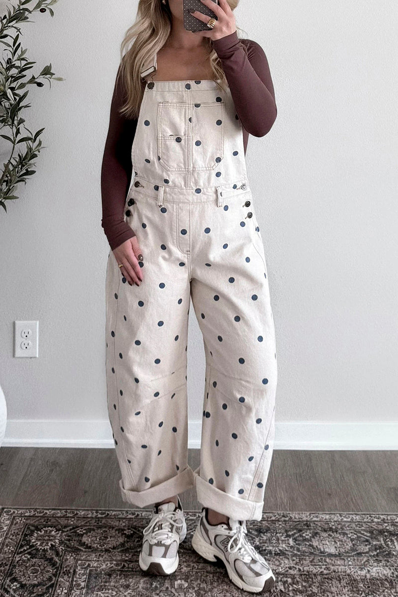 Polka Dot Denim Barrel Overalls Jumpsuit
