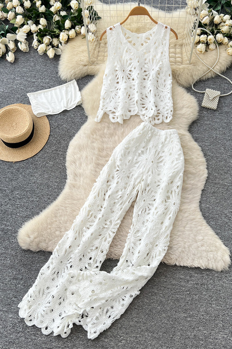 Floral Crochet Sleeveless Pants Set