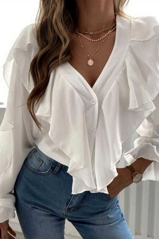 Ruffle V-Neck Button-Up Blouse
