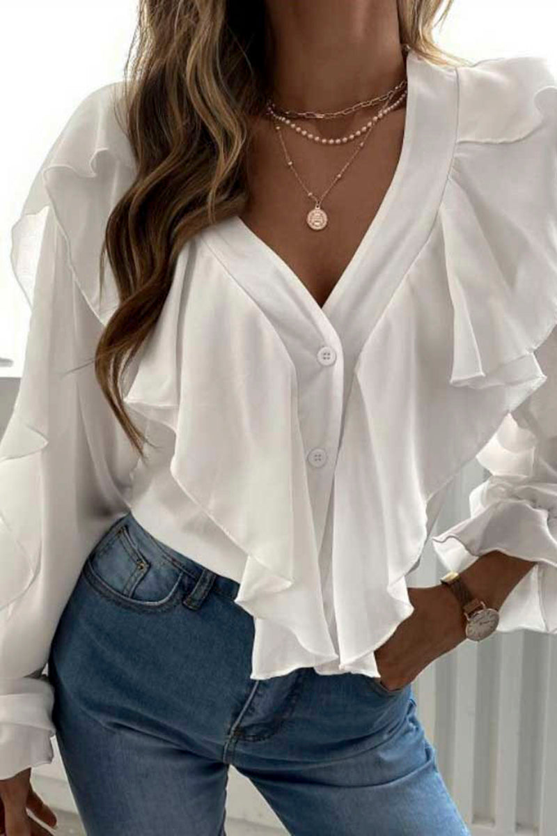 Ruffle V-Neck Button-Up Blouse