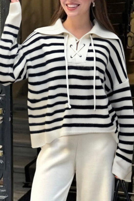 Striped Lace-Up Casual Hoodie