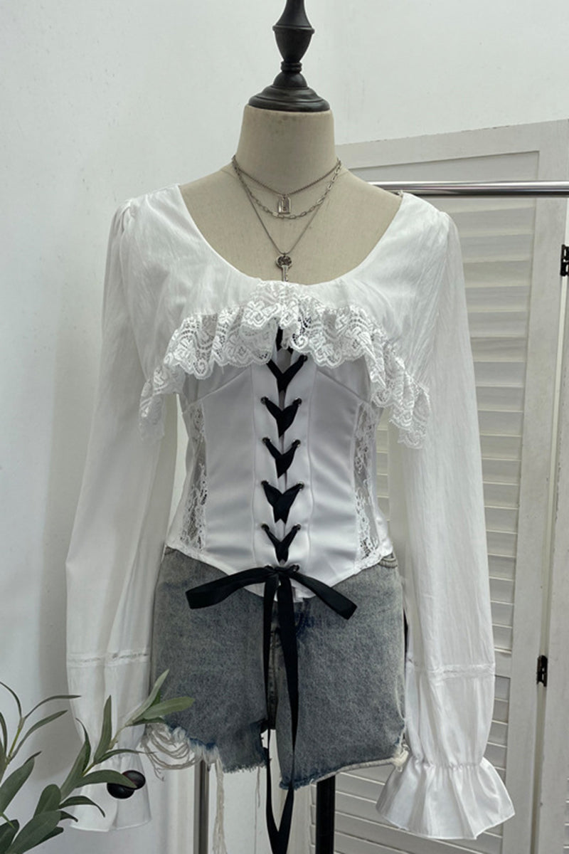 Lace-Up Corset Blouse with Ruffle Detail