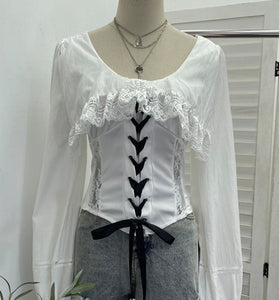 Lace-Up Corset Blouse with Ruffle Detail