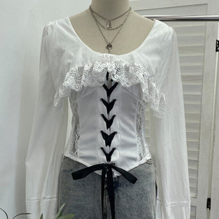 Lace-Up Corset Blouse with Ruffle Detail