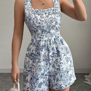 Floral Square Neck Sleeveless Romper