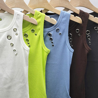 Eyelet Embellished Ribbed Tank Top