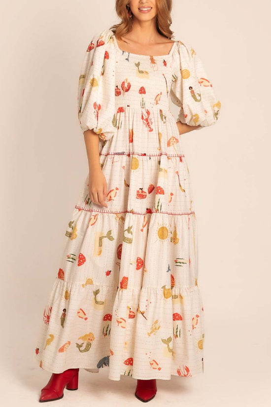 Printed Tiered Puff Sleeve Maxi Dress