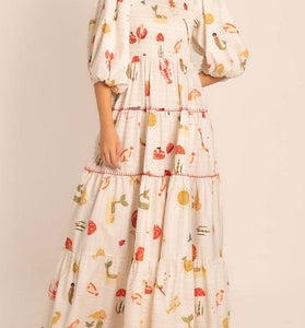 Printed Tiered Puff Sleeve Maxi Dress