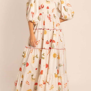 Printed Tiered Puff Sleeve Maxi Dress