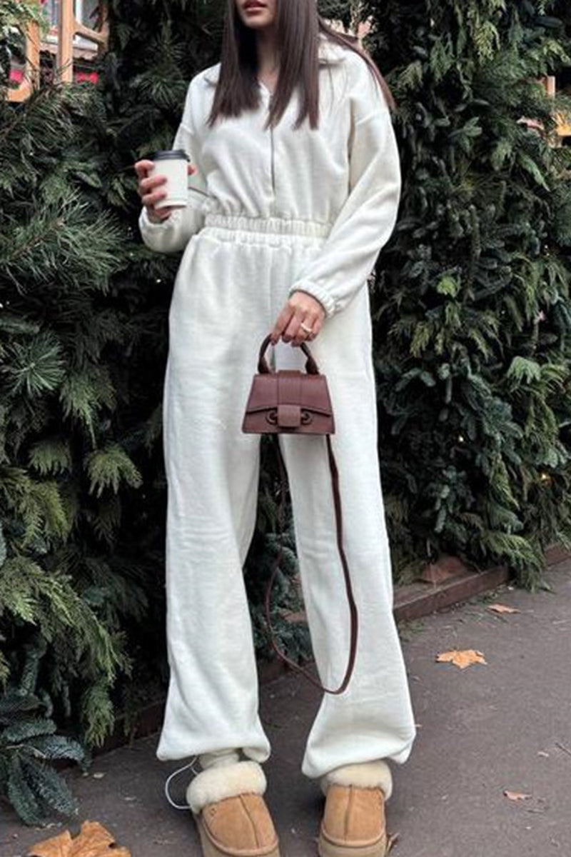 Cozy Zip-Up Jumpsuit with Elastic Waist