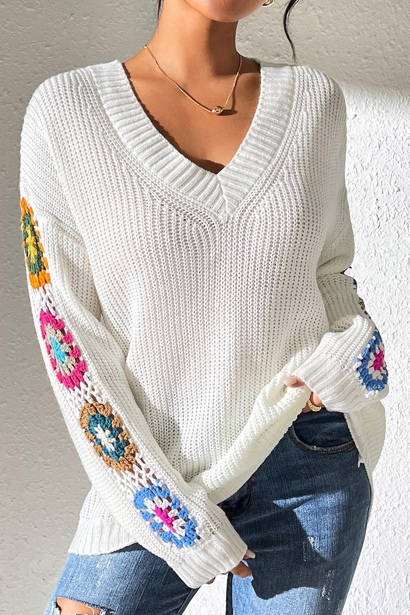 Floral Knit V-Neck Sweater