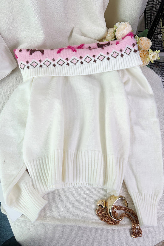 Geometric Trim Off-Shoulder Knit Sweater