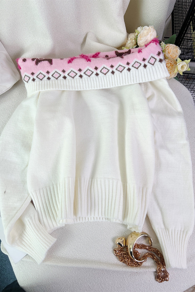 Geometric Trim Off-Shoulder Knit Sweater