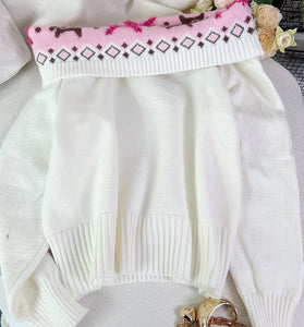 Geometric Trim Off-Shoulder Knit Sweater