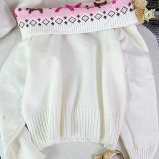 Geometric Trim Off-Shoulder Knit Sweater