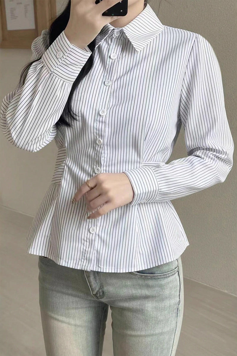 Stripe Pattern Button-Up Blouse