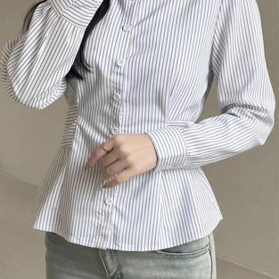 Stripe Pattern Button-Up Blouse