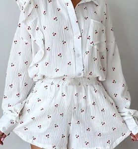 Cherry Print Button-Up Pajama Set