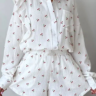 Cherry Print Button-Up Pajama Set