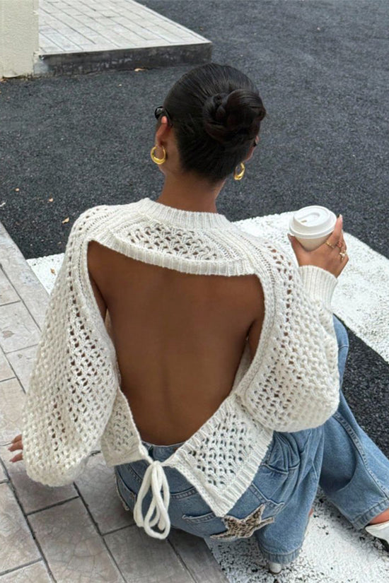 Open Back Knit Sweater with Tie Detail