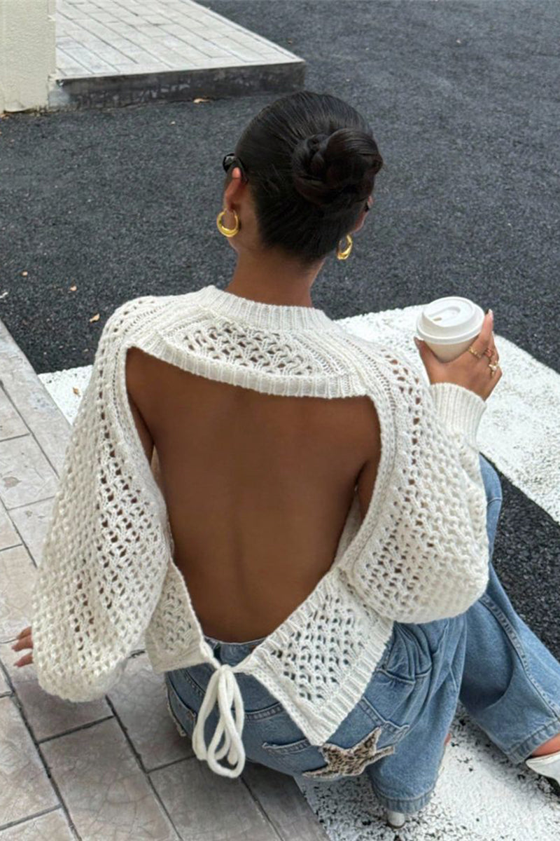 Open Back Knit Sweater with Tie Detail