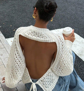 Open Back Knit Sweater with Tie Detail
