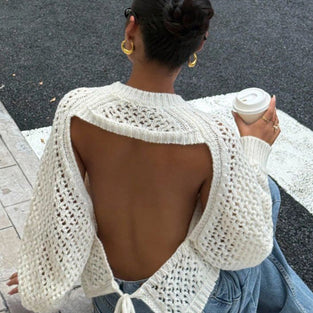 Open Back Knit Sweater with Tie Detail