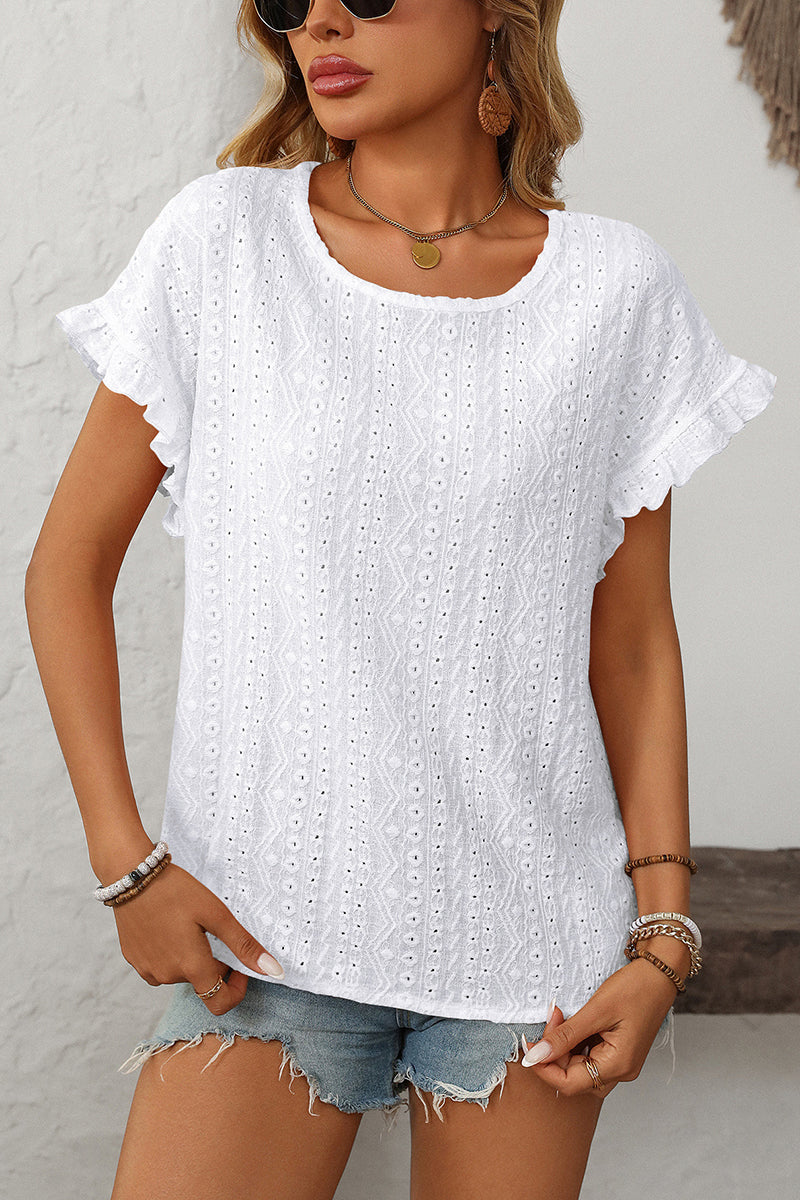 Ruffle Sleeve Eyelet T-Shirt