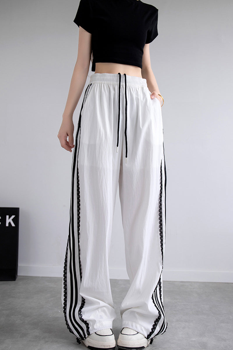 Striped Lace Trim Casual Pants