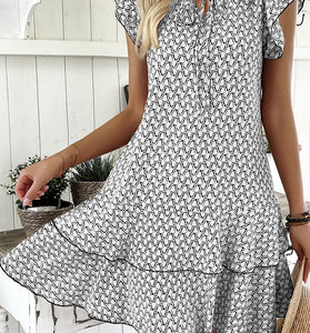 Patterned Flutter Sleeve Casual Dress
