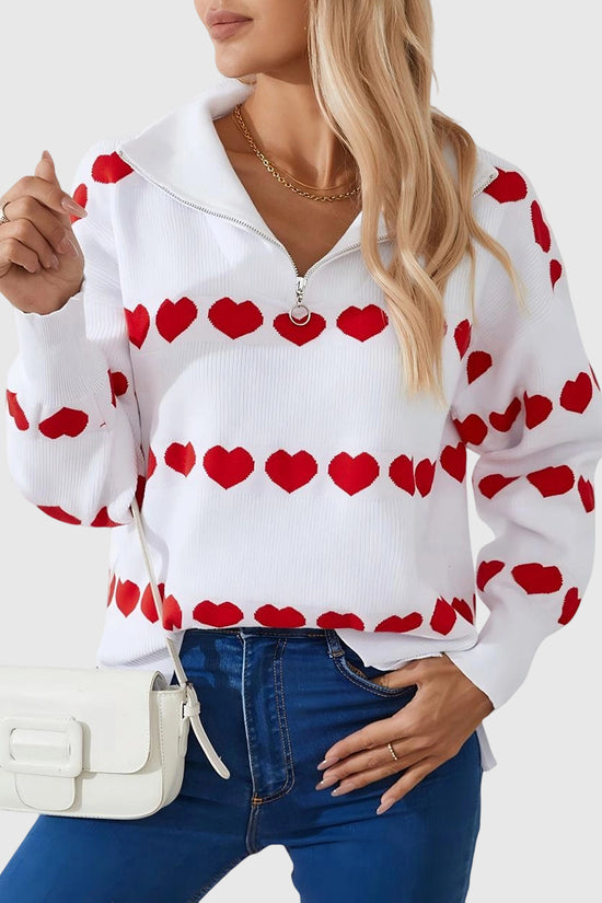 Heart Pattern Zip-Up Sweater