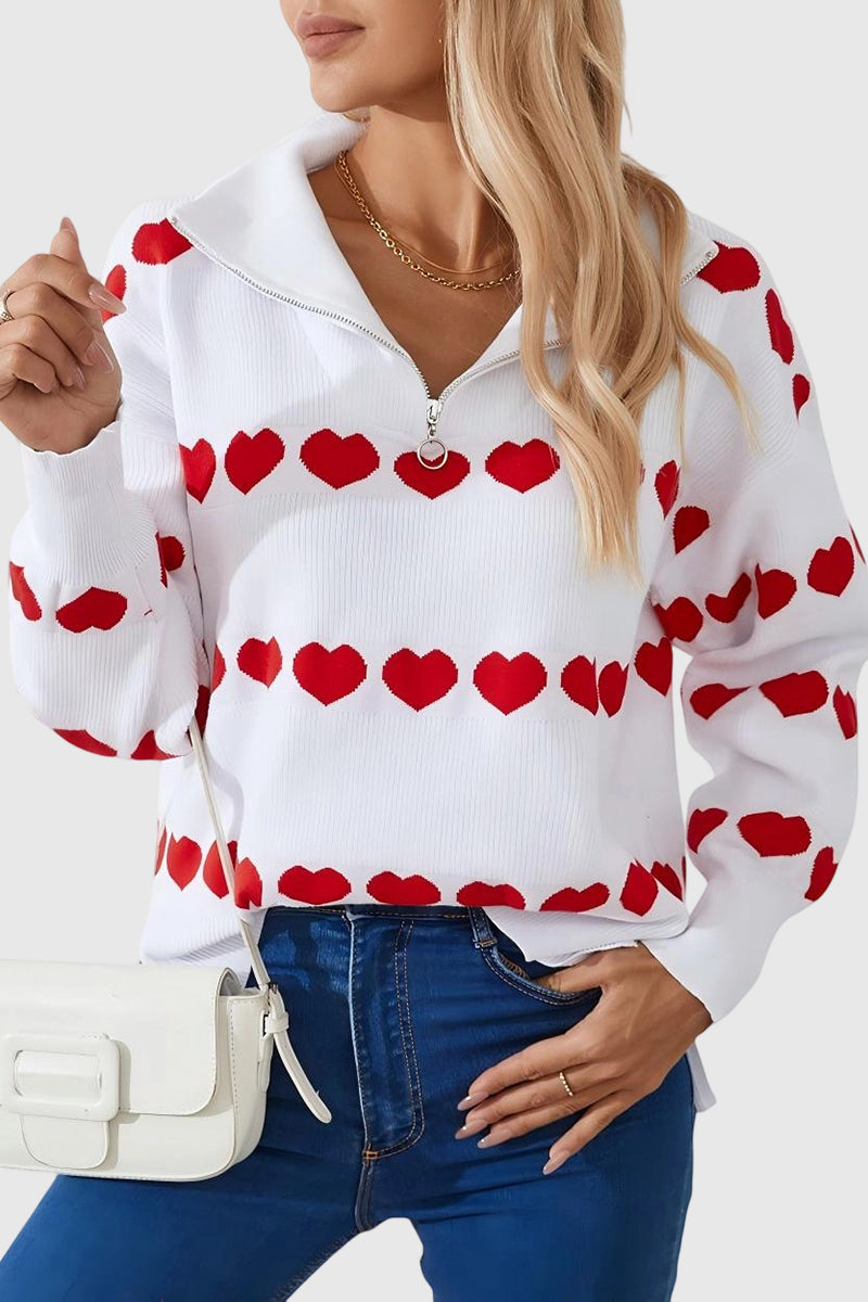 Heart Pattern Zip-Up Sweater