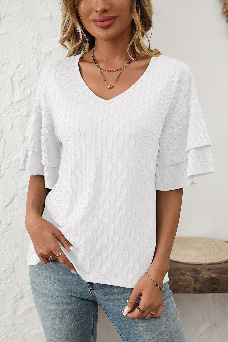 Ruffle Sleeve V-Neck T-Shirt
